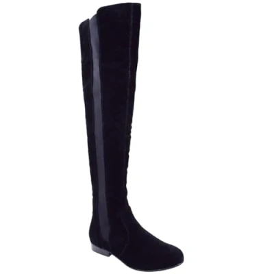 Image of Fashion Thirsty LADIES WOMENS FLAT ELASTICATED WIDE LEG STRETCH OVER THE KNEE HIGH RIDING BOOTS SIZE (UK 3, Black Suede)