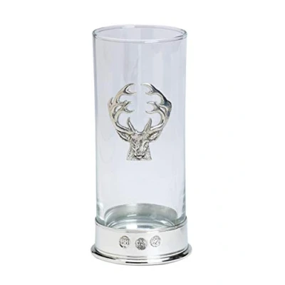 Image of Lead Free pewterware Mounted 12oz high Ball Glass Tumbler with a stag&#039;s Head Emblem in Presentation Box