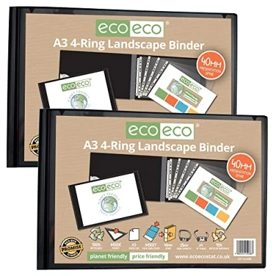 Image of eco A3 95% Recycled 4 D Landscape Ring Binder File Folder Black, Artwork Portfolio, Pack of 2 Folders, eco088x2