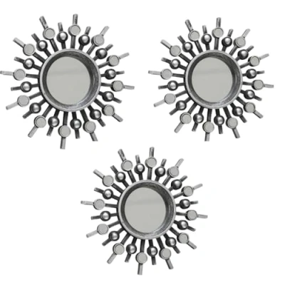 Image of Marco Paul Vintage Mirrors Set of 3 Distressed Iron Effect Metallic Lightweight Wall Mountable Round Silver Steel Aztec Sunburst Mirror