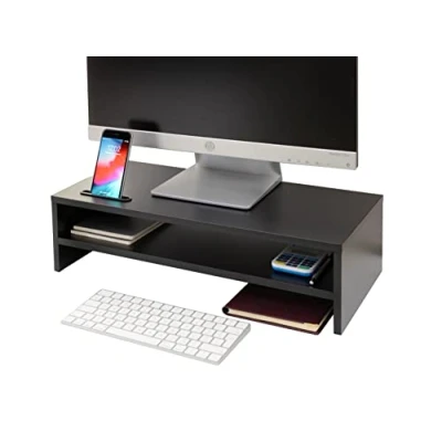 Image of Ttap Black Wooden Monitor Two Shelf Stand Computer Laptop TV Screen Riser Desk Organiser 54cm L x 24.5cm D 14.4cm H (with Smartphone holder)