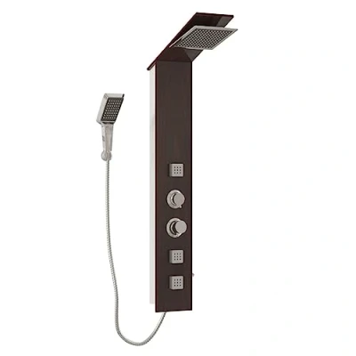 Image of vidaXL Glass Brown Shower Panel System with Wood Grain Design Rainfall, Massage Jets, Handheld