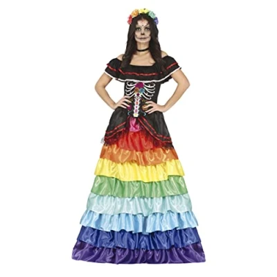 Image of FIESTAS GUIRCA Day of the Dead Long Dress with Ruffles in Rainbow Colors Fancy Costume Adult Woman Size L 14 16