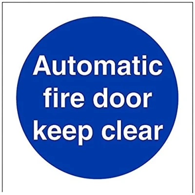 Image of V Safety 18002AE S Automatic Fire Door Keep Clear Mandatory Sign Square 80mm x Self Adhesive Vinyl, Blue