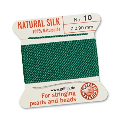 Image of GRIFFIN 100% Natural Silk Beading Cord String Thread Green 2 metres with one needle Size 0.90mm