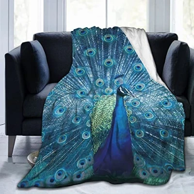 Image of Peacock Feather Blanket Colorful Printed Throw For Sofa Ultra Soft Cozy Warm Fluffy Flannel Fleece Blankets Lightweight Fuzzy Bed Adults Women Gift All Season 80&quot;x60&quot;