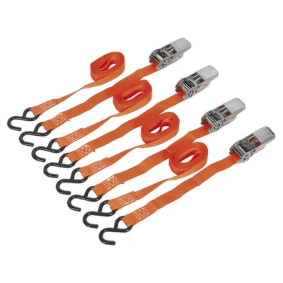 Image of Sealey Ratchet Tie Down 25mm x 4m Polyester Webbing with S Hooks 500kg Breaking Strength 2 Pairs