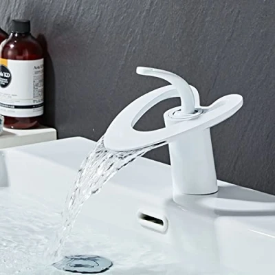 Image of Waterfall Basin Taps Bathroom Mixer Sink Tap White Single Lever Hot and Cold Monobloc