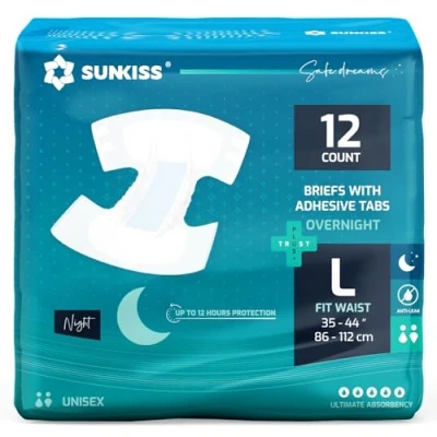 Image of SUNKISS TrustPlus Overnight Adult Diapers with Ultimate Absorbency, Unisex Incontinence Briefs Tabs for Men and Women, Odor Control, Large, 12 Count