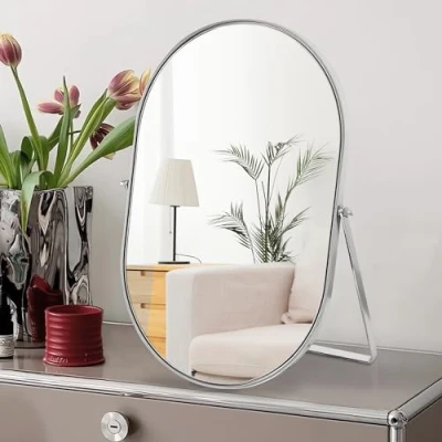 Image of Numjeg Vanity Makeup Mirror for Desk with Metal Stand Tabletop Mount Oval Mirrors 90Adjustable Rotation Portable Cosmetic Travel Bedroom,Office, Dresser,Countertop