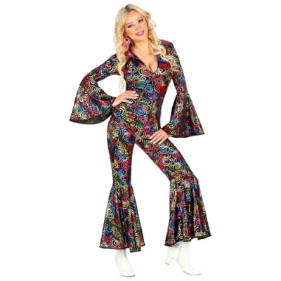 Image of WIDMANN 05023 Large Adult Womens Multicoloured 70s Disco Style Jumpsuit. Includes Fancy Dress, Outfit, Costume, World Book Day, Halloween, Carnival, 70s, 80,