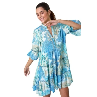 Image of Roman Originals Smock Dress for Women UK Ladies Cotton Summer Embroidered Frilled Tiered Lounge Casual Beach Cruise Holiday Cocktail Party 3/4 Sleeve Pull On Gathered Skirt Blue Multi Size 14