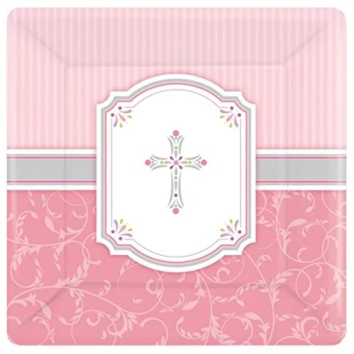 Image of Amscan International Communion Blessing Pink 25.4 cm Paper Plates Square, Pack of 8