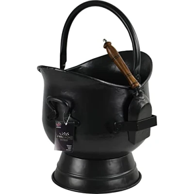 Image of Sterling Ventures Steel Sallet Coal Bucket Scuttle Hod with Cast Iron Shovel Scoop Antique Style (Large),Black