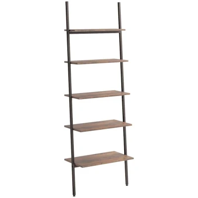 Image of vidaXL 5 Tier Leaning Shelf Steel and Engineered Wood Construction Dark Brown Black Compact Storage Solution for Home Office Easy Assembly Modern Design