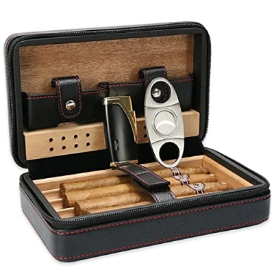 Image of Fishlor Leather Cigar Case, Cedar Wood Humidor Portable Travel Outdoor 4 Cigars Holder Storage Gift Box