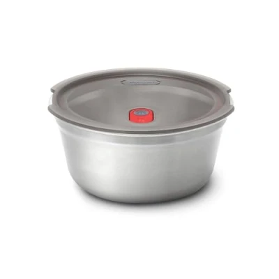 Image of black + blum Multifunctional box, stainless steel lunch 950 ml, round, oven safe, microwave, freezer and dishwasher vacuum seal steam valve in lid, leak proof box