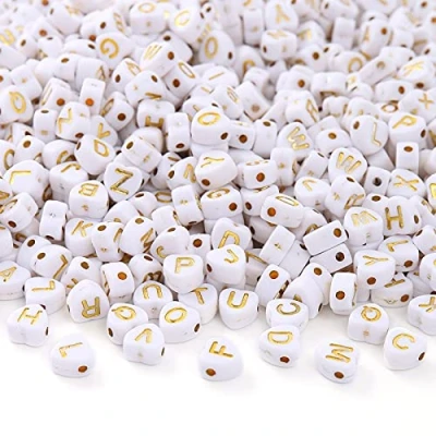 Image of HERZWILD 1000pcs Heart Letter Beads for Threading Gold Letters Craft A Z Jewellery Crafts (Heart White Beads)