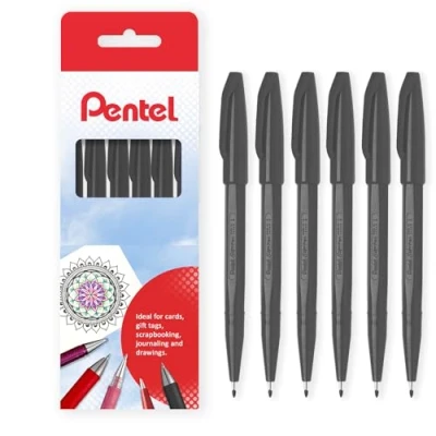 Image of Pentel S520 Original Sign Pen Fibre Tip Marker Fineliner Pens 2mm Nib 1mm Line Pack of 6 in Gift Box (Black)
