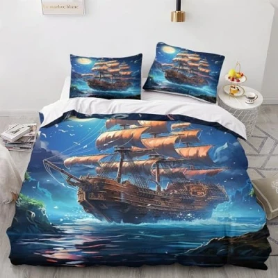 Image of OPSREY Pirate Ship Luxe Comforter Cover Hidden Zipper Duvet Set with Pillowcases Bedding Soft Microfiber Boat Quilt Various Sizes for Kids Adults Double（200x200cm）