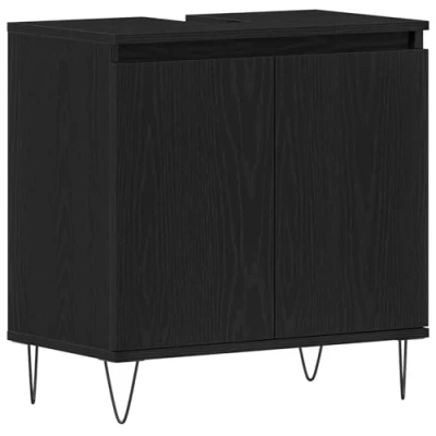 Image of vidaXL Black Oak Bathroom Cabinet Matte Finish Engineered Wood/Metal Legs Rectangular Storage Unit with Double Doors Medium Size, Indoor Use