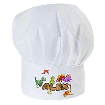 Image of Personalised Chef Hat For children with your name Professional Cooks Hats Baker Home Kitchen School Fully Adjustable Dinosaur [099]