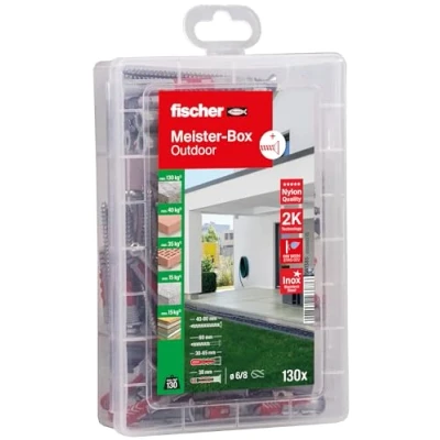 Image of fischer 561385 Praktische Helfer Feucht &amp; Außen, Dübelbox, 130 teilig mit Edelstahlschrauben DUOPOWER DUOSEAL, Set für Befestigungen Out und Indoor Practical aid, red