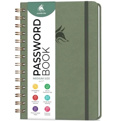 Image of Clever Fox Password Book Spiral Internet Address &amp; Organizer with Laminated Alphabetical Tabs Keeper Journal Hardcover, Medium Size, 15.5x19.6cm (Cypress)