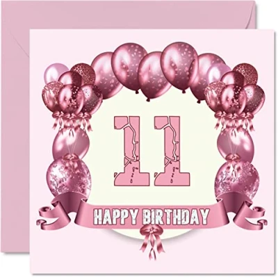 Image of Fun 11th Birthday Cards for Girls Balloons Happy Card Son Daughter Brother Sister Grandson Granddaughter Niece Nephew Cousin, 145mm x Greeting Cards,