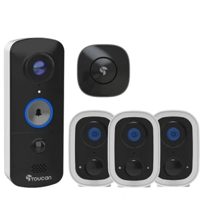 Image of TOUCAN Outdoor Security Bundle Wireless Video Doorbell V3 with Chime &amp; 3x Camera S4 Motion Detection, Night Vision, Two Way Talk, Instant Live Feed No Monthly Fees