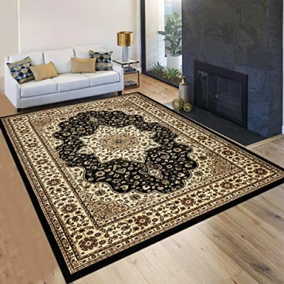 Image of householdfurnishing Vintage Traditional Non Slip Rug Bedroom Living Room Carpet Mat Runners Floral Pattern Wide Area Persian Style Rugs (60 x 110 cm Door Mat, Black)