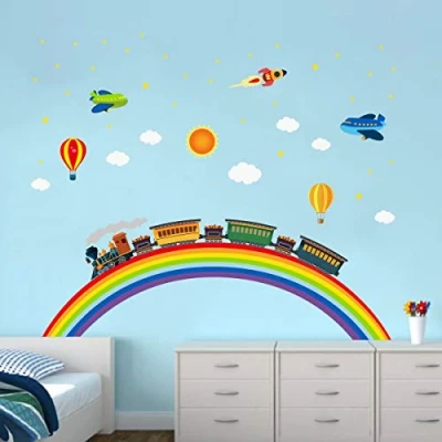 Image of ufengke Rainbow Train Wall Stickers DIY Rocket Airplane Decals Art Decor for Kids Nursery Bedroom Living Room