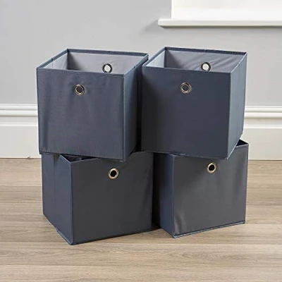 Image of Home Source Cube Storage Boxes, Collapsible Fabric Baskets, Foldable Canvas, 4 Piece, Grey