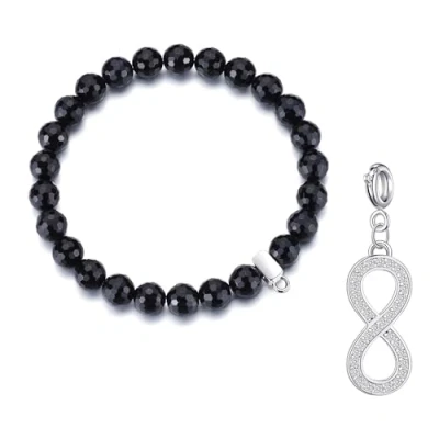 Image of Philip Jones Faceted Black Onyx Gemstone Bracelet with Infinity Charm Created Zircondia® Crystals