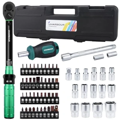 Image of Uharbour 3 25 Nm Torque Wrench Set for Bicycles, 60 Piece 1/4 Bicycle with Bits and Extension Rod ±3% Error Accuracy, Small