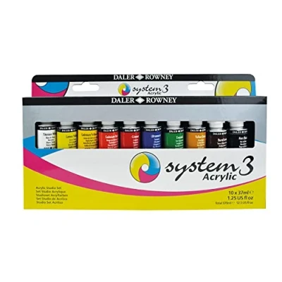 Image of Daler Rowney System3 Acrylic 37ml Paint Studio Set, 10 Assorted Vibrant Colours + 1 Brush, Ideal for Professional Artists &amp; Students