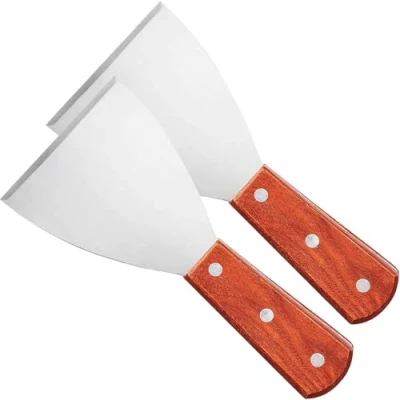 Image of 2Pcs Griddle Scraper,Stainless Steel Spatula for Cast Iron Wood Handle Slant Edge Grill Scrapers Food Service/Cooking/Cleaning(brown)