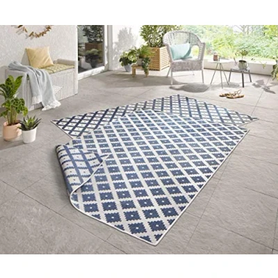 Image of NORTHRUGS Indoor and Outdoor Rug Nizza 80 x 150 cm Reversible Weatherproof Modern Geometric Pattern Runner for Balcony Patio Garden Conservatory Living Room Waterproof in Blue Cream