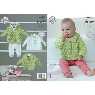 Image of King Cole Baby Chunky Knitting Pattern Raglan Sleeve Hoody Jacket &amp; Matinee Coat (4845),Multicolor,14&quot; 22&quot; chest