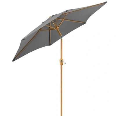 Image of CHRISTOW 2.4m Tilting Garden Parasol with Crank Handle, 38mm Steel Pole, Wood Effect Finish, Outdoor Sunshade Umbrella, Heavy Duty Polyester, UV30+ Sun Protection, Water Resistant, Air Vent (Grey)