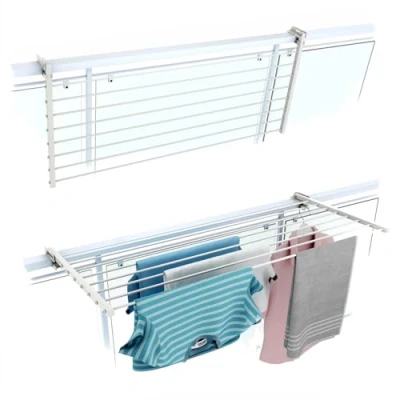 Image of Balcony Foldable Clothes Drying Rack, Outdoor Laundry Rack for Terraces, Balconies, and Railings in Stainless Steel Aluminum Length 118 cm