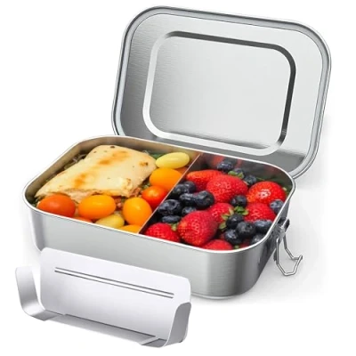 Image of OITUGG Metal Lunch Box 1400ml Stainless Steel for Adults, with 1pcs Removable Divider, Designed Snap on Buckles and Silicone Ring Inside Lids, Dishwasher Safe, 20 x14 x6.6cm