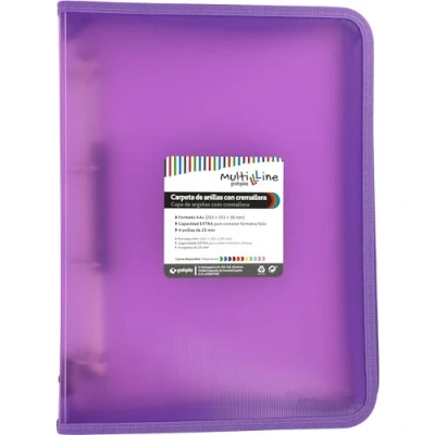 Image of Grafoplás Ring Binder with Zip A4+ Lavender Multiline 4 Mixed Rings 25 mm Vertical Ruled Polypropylene Cover Extra Capacity for Sheets of Paper Format Folio