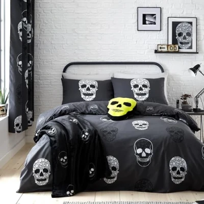 Image of Catherine Lansfield Skulls Reversible Double Duvet Cover Set with Pillowcases Grey