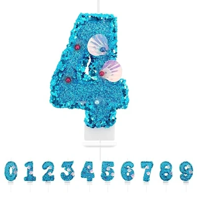 Image of Number 4 Candle,Blue Mermaid Birthday Candles for Girl,Cake Topper Decoration Girls Party