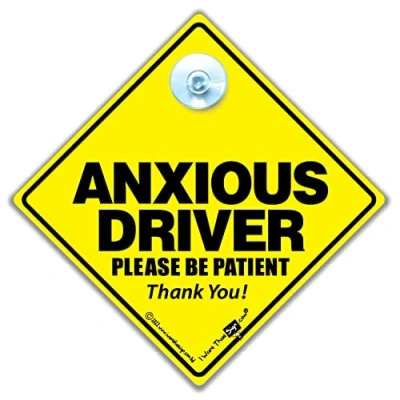 Image of Anxious Driver Please Be Patient Car Sign For New Drivers or Elderly Drivers, Suction Cup Advisory With Anxiety in Super Bright Yellow and Black 14cm x