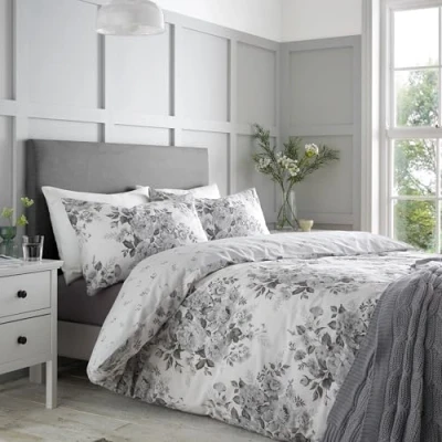 Image of Catherine Lansfield Elinda Floral Reversible Single Duvet Cover Set with Pillowcase Grey