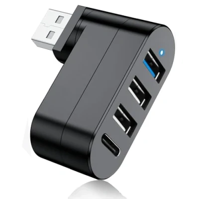 Image of USB 3.0 Hub [90/180 Degree Rotatable], 4 Port Splitter Extender with 3 Ports &amp; 1 C Power/Data Port, for Laptop, Car, MacBook Pro/Air/Pro