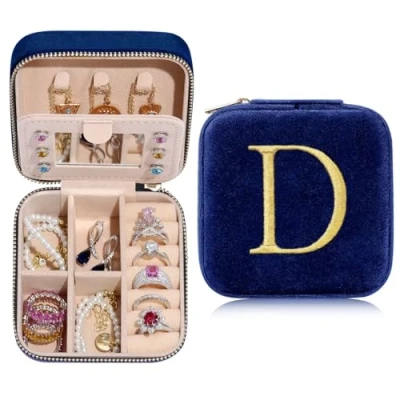 Image of TINGN Small Jewellery Box with Initial Letter D and Flower Travel Organiser Gifts for Women Girls Christmas Birthday Wedding Bridesmaid