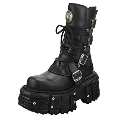 Image of New Rock Unisex Black Leather Combat Platform Boots TANK373 S1 Size EU 39